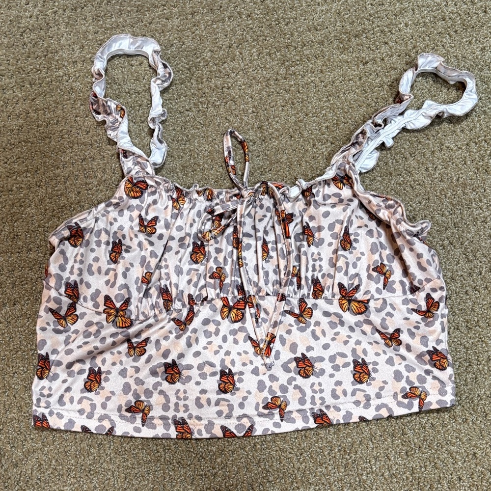 Butterfly Print Ruffle Strap Top